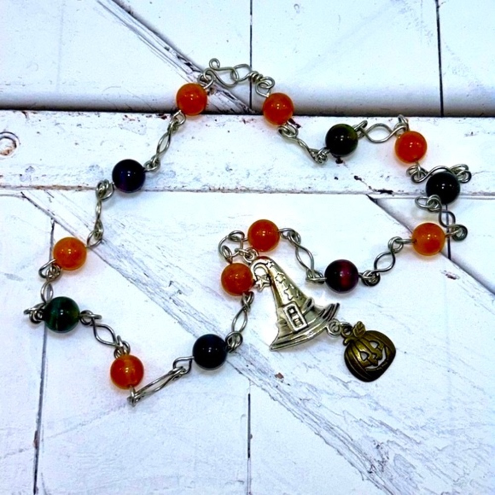 Handmade Halloween Witch Hat & Pumpkin Necklace with Natural Tiger Eye Stones!